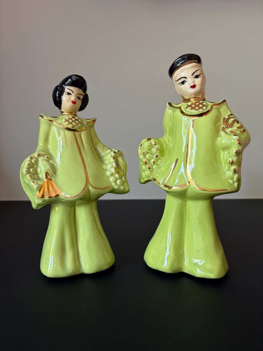 Vintage Antique Lime Green Ceramic Asian Figurine Woman and Man Pair